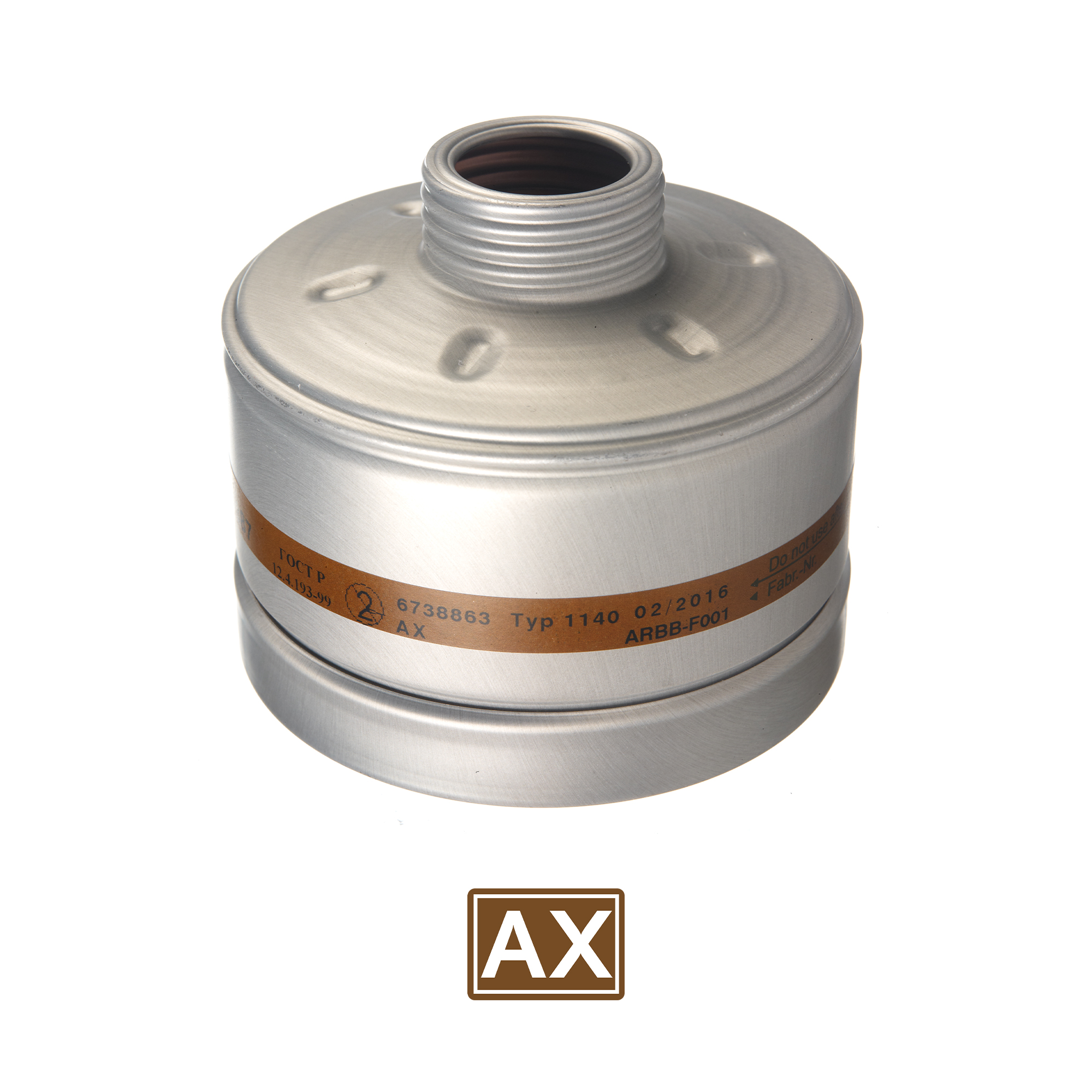 Silberner, runder Gasmaske-Filter mit Gewinde oben, Modell AX.