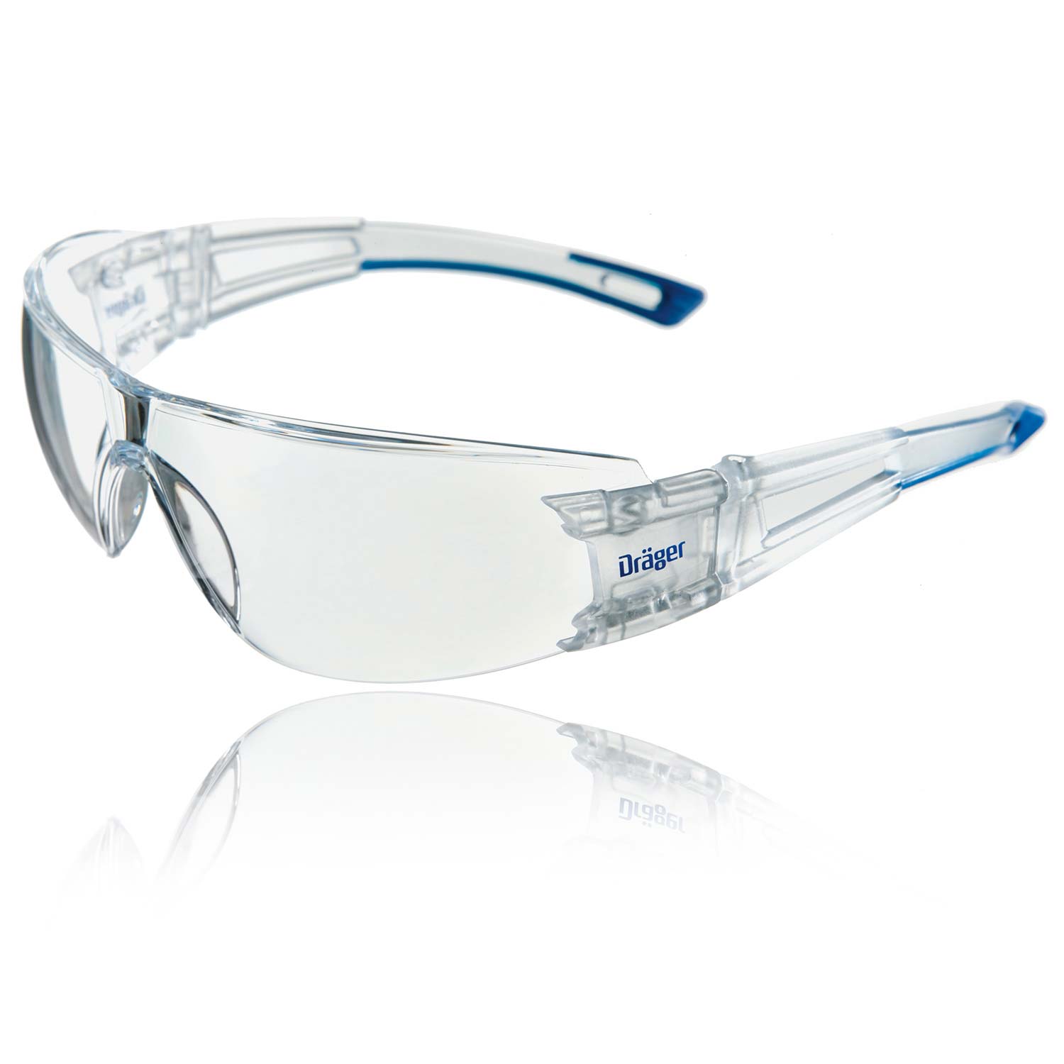 Dräger X-pect 8330 Schutzbrille Transparente Schutzbrille mit blauen Details und Dräger-Logo auf den Bügeln. Ideal für Sicherheitsanwendungen.
