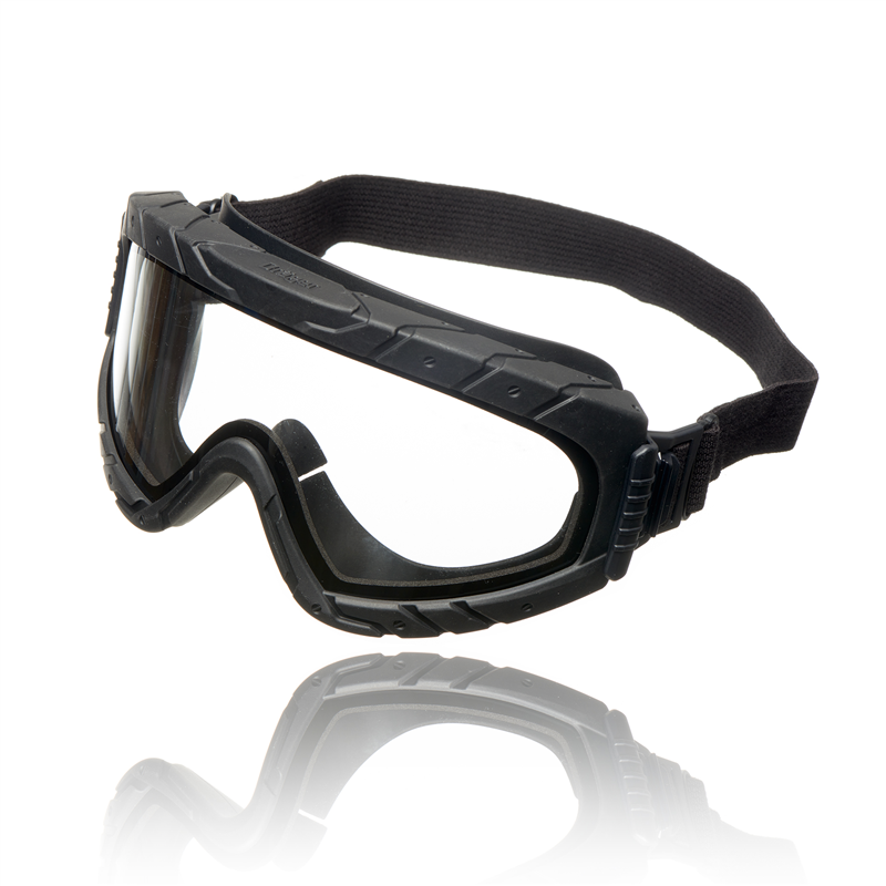 Schwarze Schutzbrille mit klaren Gläsern und verstellbarem Kopfband.