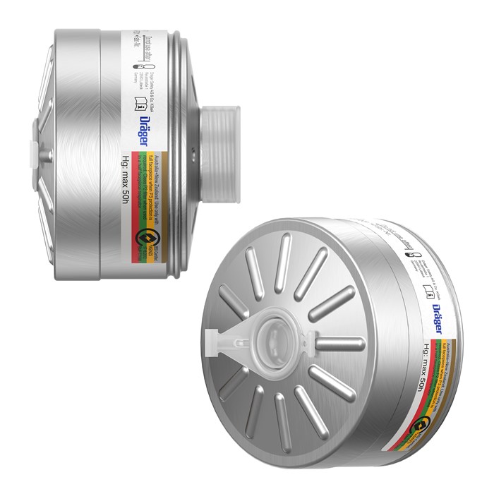 Dräger Rd40 Filter für Schadstoffschutz Zwei zylindrische Filter für Atemschutzgeräte, grau mit farbigen Kennzeichnungen.