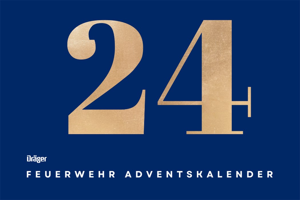 Dräger Feuerwehr-Adventskalender Großes 24 in Gold auf blauem Hintergrund mit Dräger-Logo.