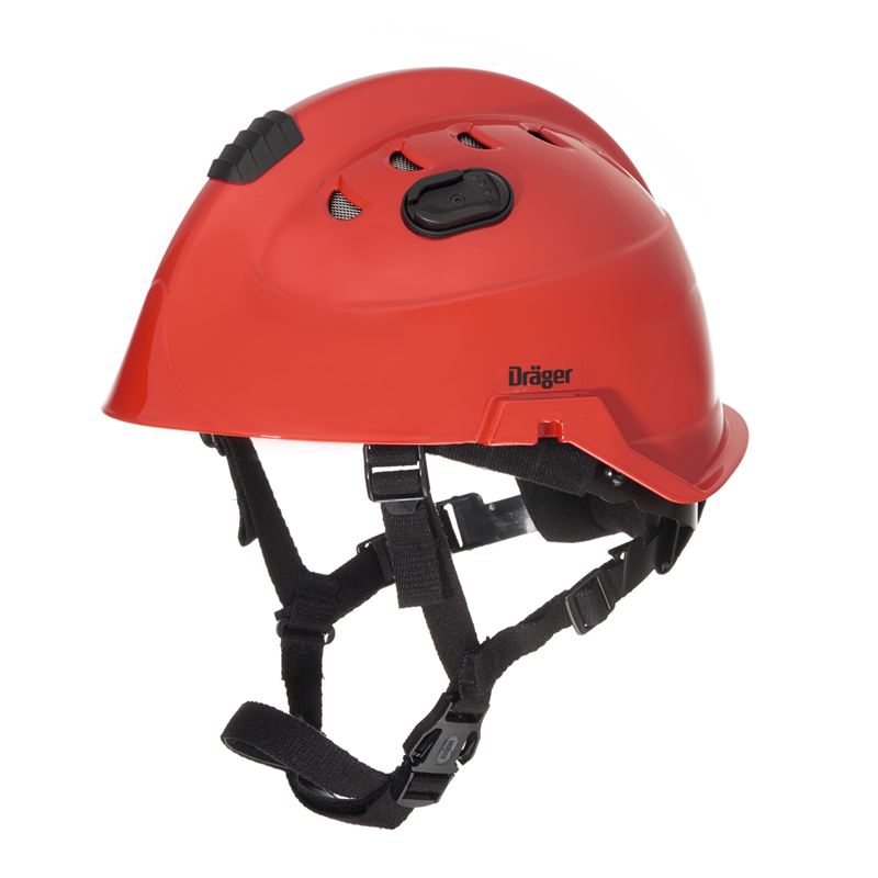 Draeger HPS 3500 Basis Schutzhelm Roter Schutzhelm mit verstellbaren Gurten, Dräger-Logo sichtbar.