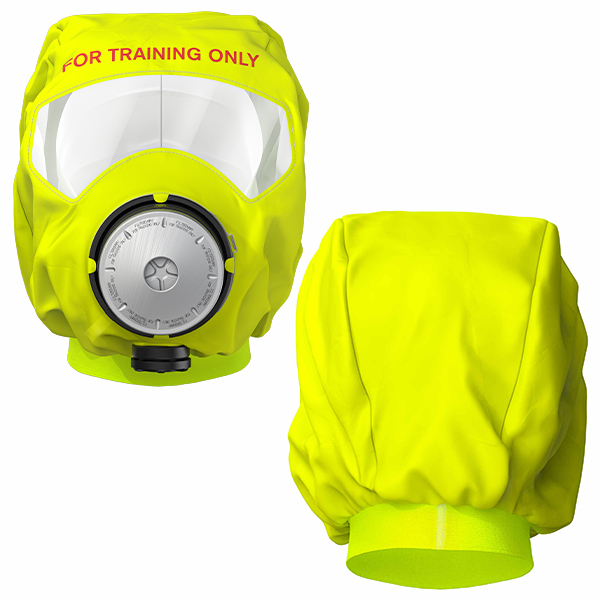 Gelbe Atemschutzhaube mit Atemventil und Klarsichtfenster, beschriftet mit "For Training Only".