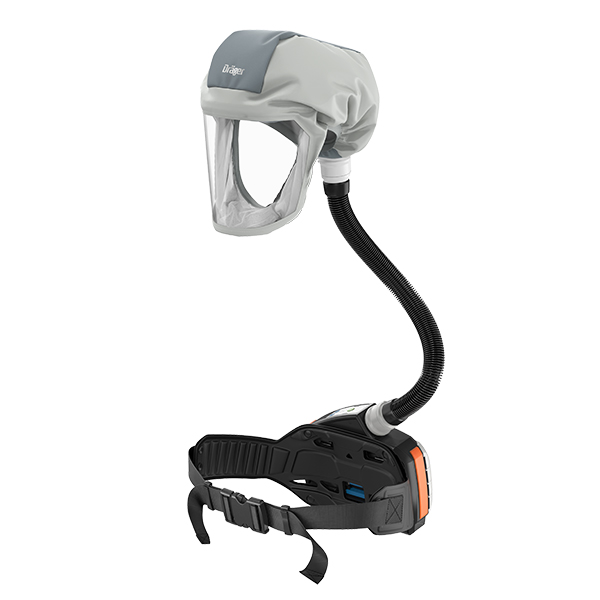 Dräger X-plore 8000 Haubensatz mit Schlauch Modell einer Atemschutzhaube mit flexiblem Schlauch und Gürtel.