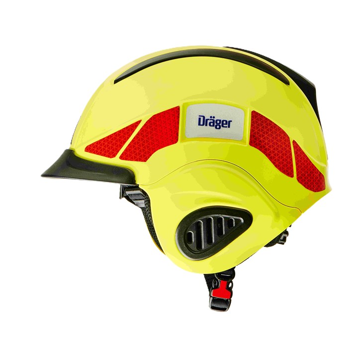 Gelber Helm mit Dräger-Logo und rotem Ohrenschutz.
