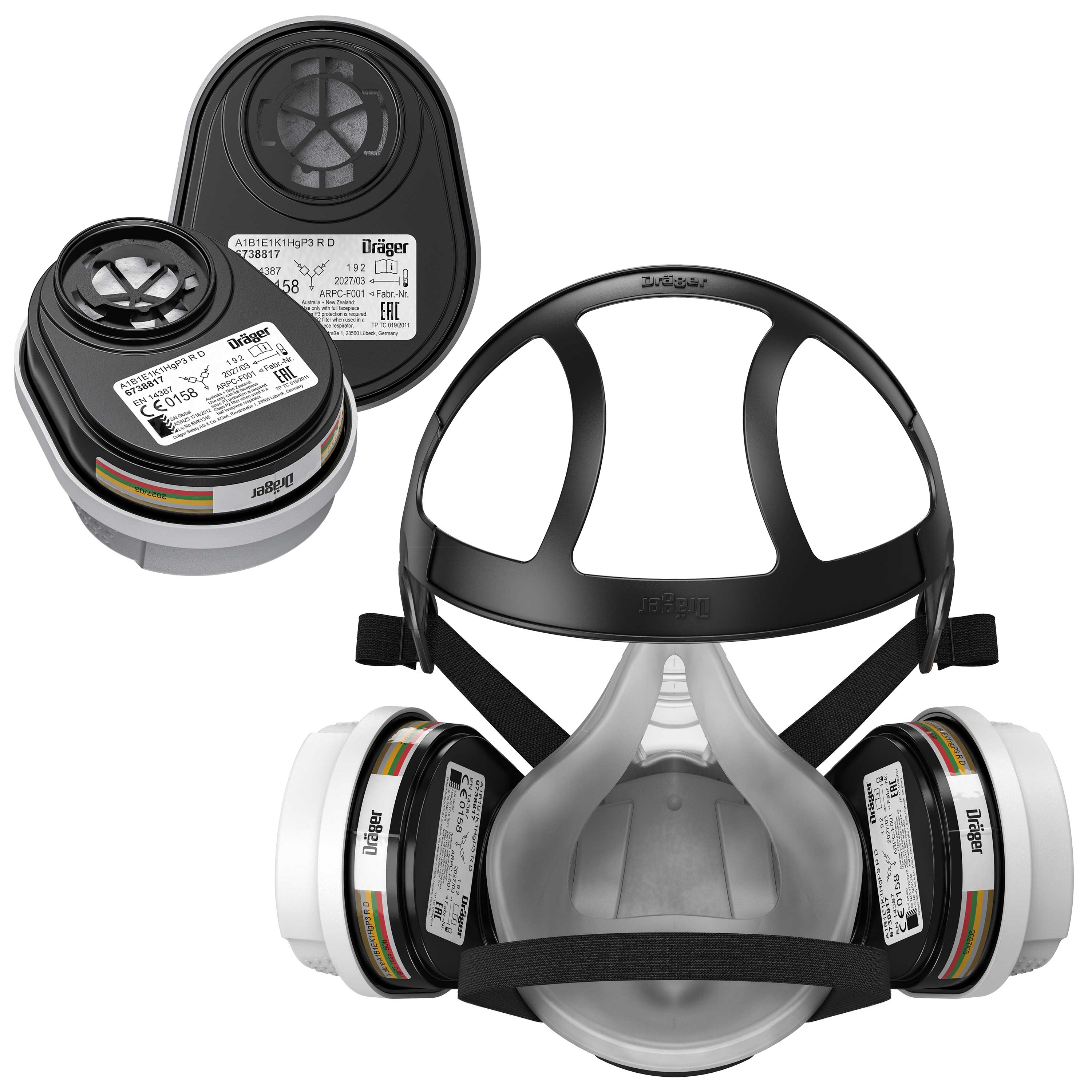 Dräger X-plore 3300 Halbmaske mit zwei Filtern, angepasst an verschiedene Schutzklassen, frontal und seitlich sichtbar.