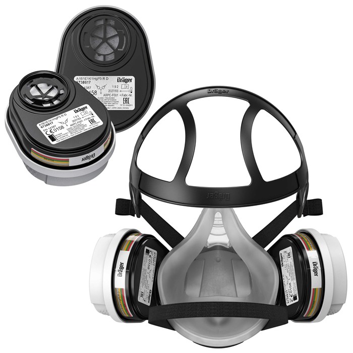 X-plore 3300 Halbmaske mit ABEK1 Hg P3 Filter Dräger X-plore 3300 Halbmaske mit zwei Filtern, angepasst an verschiedene Schutzklassen, frontal und seitlich sichtbar.