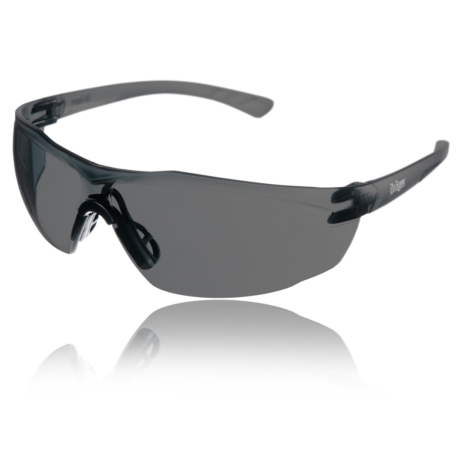 Schutzbrille X-pect 8321 von Dräger Schwarze Sicherheitsbrille, Modell X-pect 8321, spiegelnd.