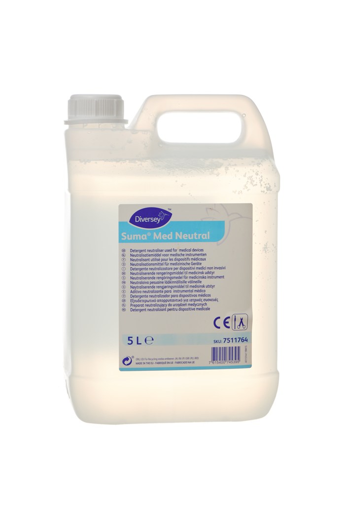Suma Med Neutral Reinigungsmittel 5L 5-Liter-Kanister des Reinigungsmittels Suma Med Neutral mit Etikett.