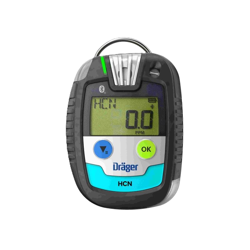 Dräger Gasmessgerät HCN-Detektor Tragbares Gerät zur Messung von Cyanwasserstoff, Display zeigt "HCN 0.0 PPM", Markenname Dräger sichtbar.