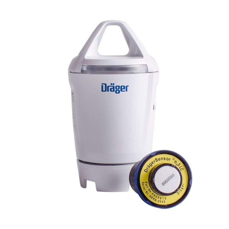 H2SLC Sensor von Dräger Weißer Dräger Sensor neben rundem H2SLC Bauteil auf weißem Hintergrund.