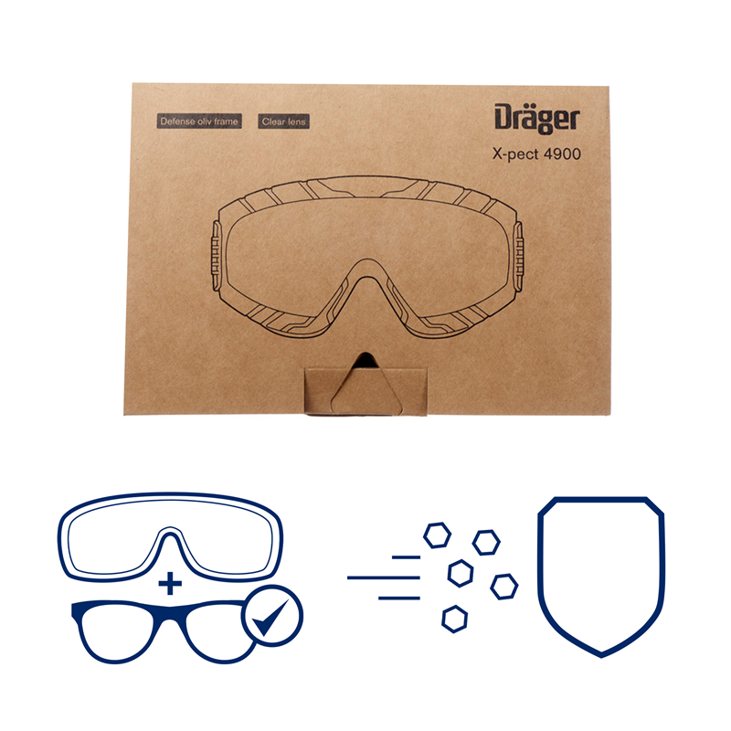 Dräger X-pect 4900 Schutzbrille Verpackung und Symbole der Dräger X-pect 4900 Schutzbrille in oliv.