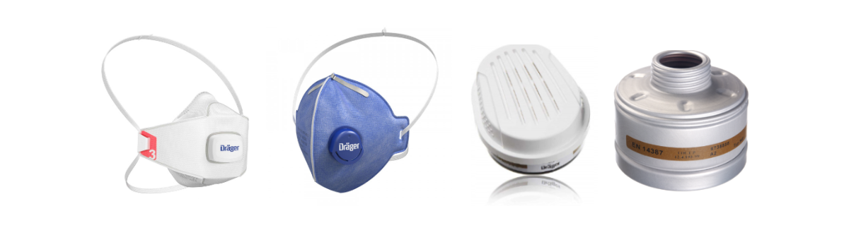 Auswahl an Dräger Atemschutzmasken Vier Atemschutzmasken und Filter im Dräger-Design.