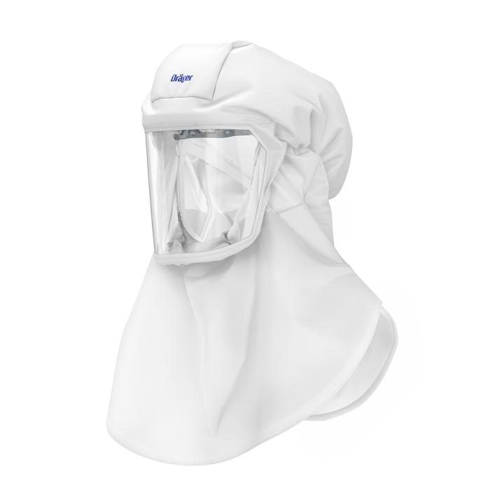 Dräger Schutzhaube für Atemschutz Weiße Schutzhaube mit transparentem Sichtfenster, frontal gezeigt.