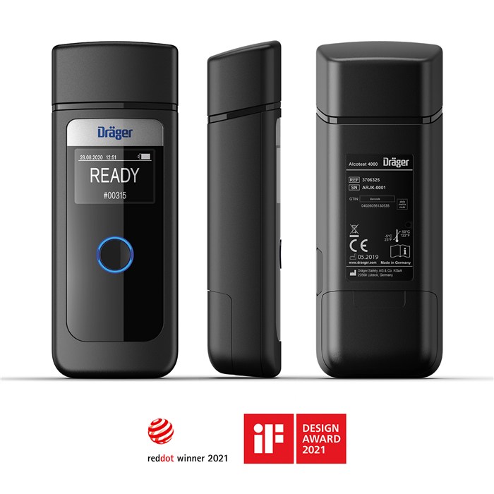 Draeger Alcotest 4000 Atemalkoholtester Dreieransicht des Draeger Alcotest 4000 mit Display und Auszeichnungen.