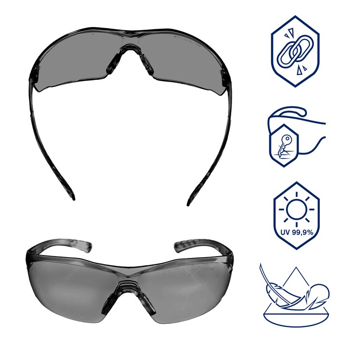 Dräger X-pect 8321 Sicherheitsbrille Zwei Ansichten der Dräger X-pect 8321 Sicherheitsbrille mit Symbolen zu UV-Schutz und Kratzfestigkeit.