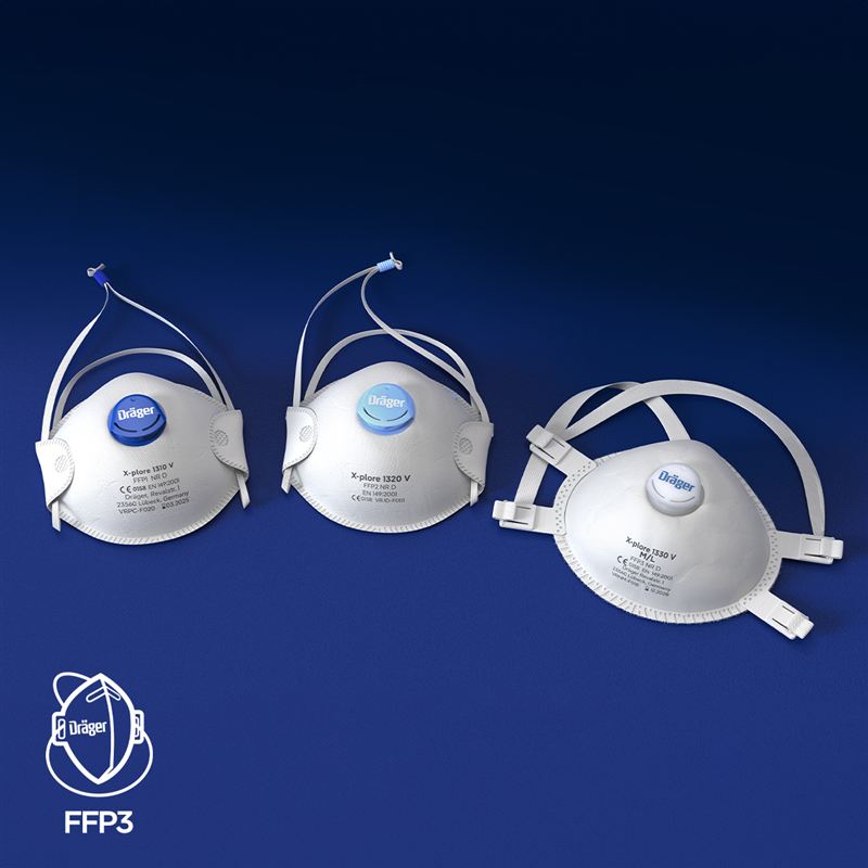 Dräger X-plore 1330 V Atemschutzmaske Drei weiße FFP3 Atemschutzmasken mit Ventil auf blauem Hintergrund.