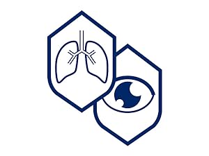 Produkte für Atem- und Augenschutz Grafische Symbole von Lunge und Auge in blauem Schild.