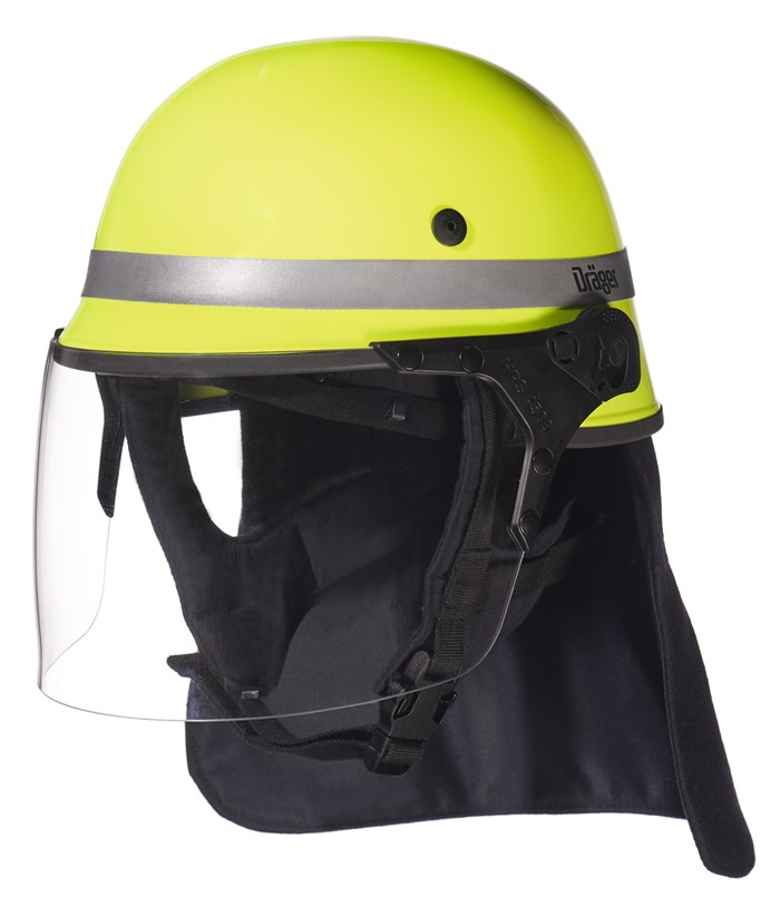 Gelber Helm mit Visier und Nackenschutz, Modell Dräger.