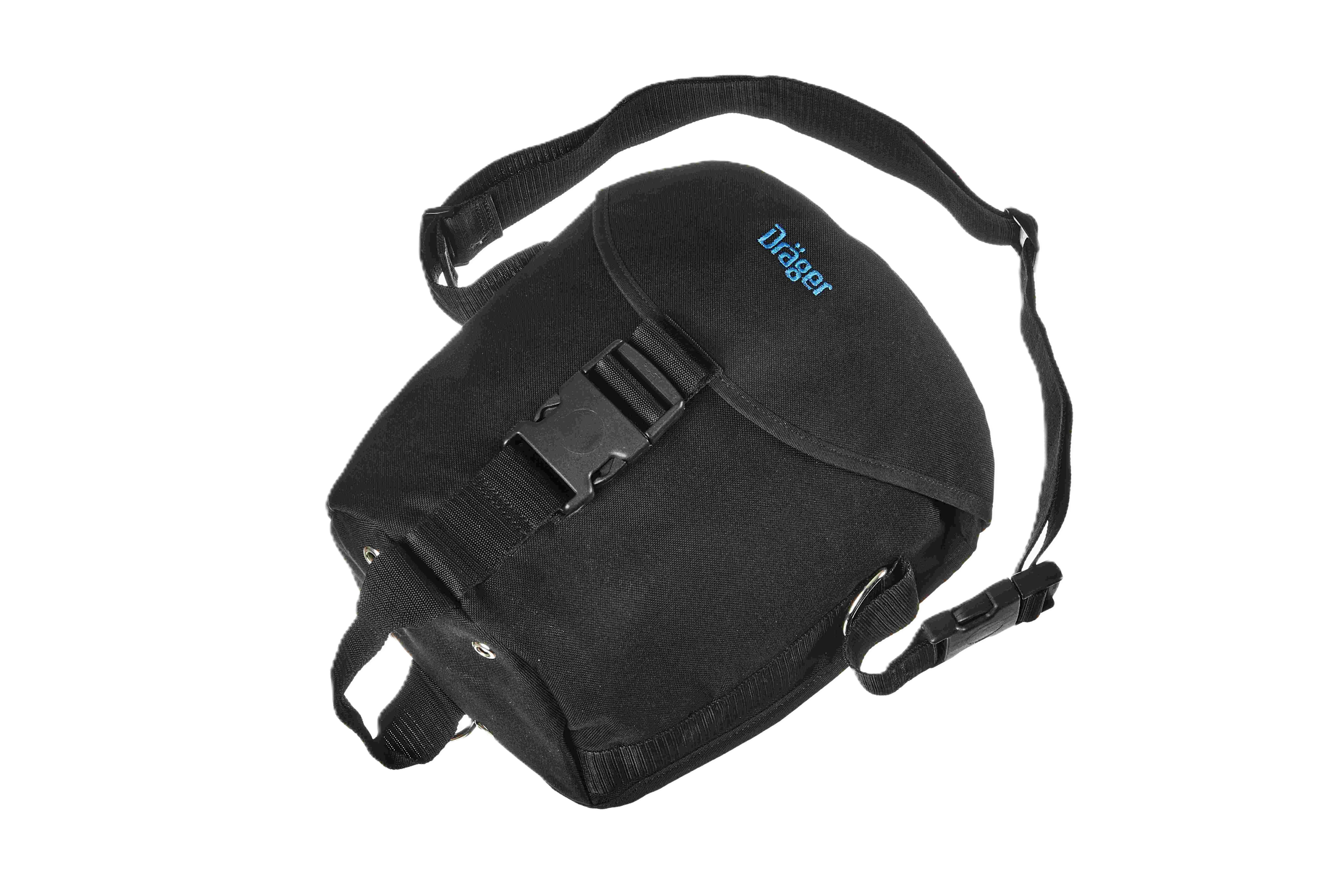 Schwarze Tasche mit Dräger-Logo, zwei Schulterriemen und Schnallenverschluss.