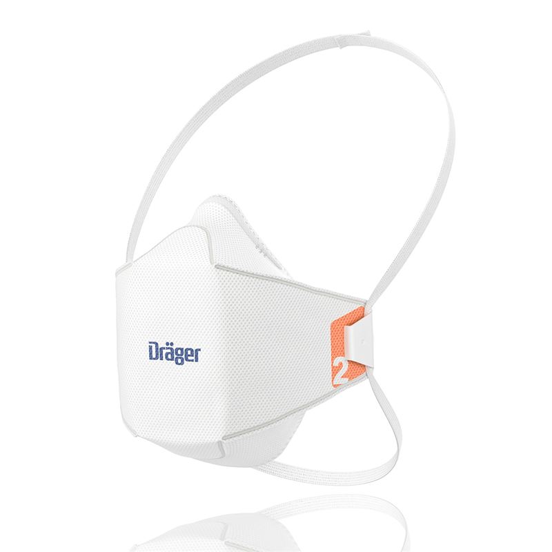 Atemschutzmaske Dräger X-plore 1920 Weiße Atemschutzmaske mit Dräger-Logo und orangefarbenen Akzenten.