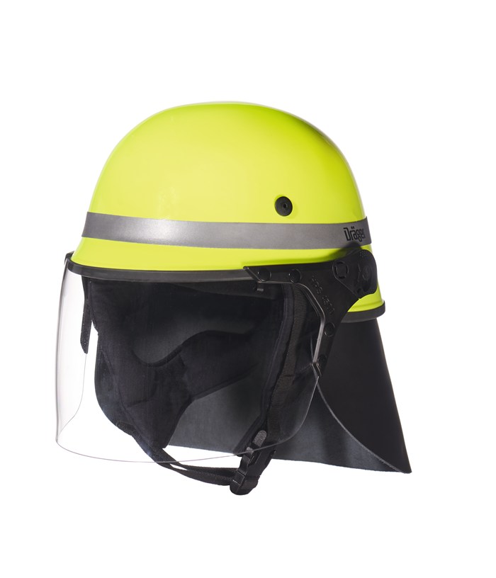 Leuchtend gelber Helm mit Gesichtsschutz von Dräger.