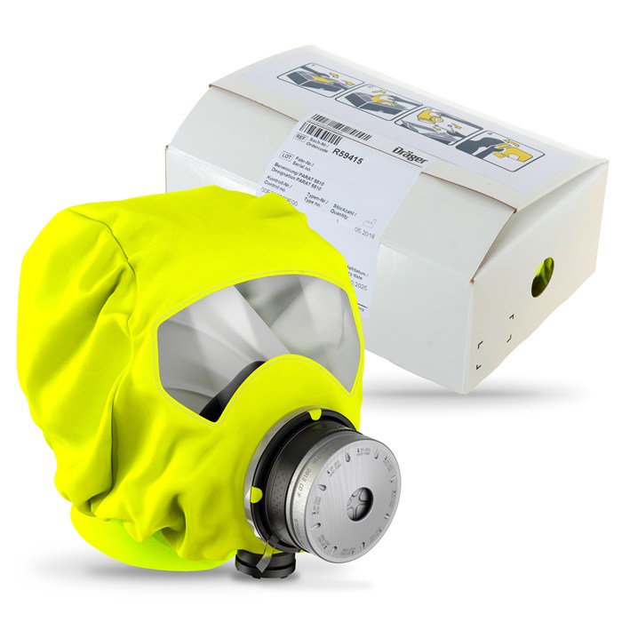 Atemfluchthaube Dräger PARAT 5510 Gelbe Atemfluchthaube mit rundem Filter vor Verpackung.