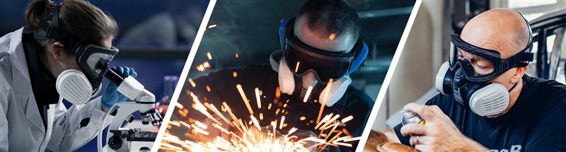 Dräger X-pect Schutzbrillen im Einsatz Drei Personen arbeiten mit Schutzmasken, Forschung, Schweißen und Reparatur, tragen Dräger Schutzbrillen.