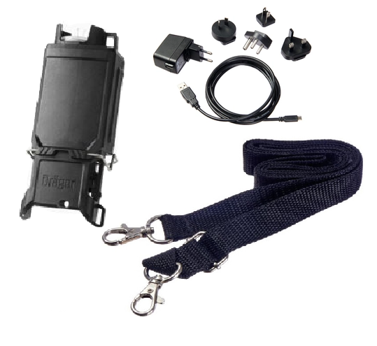 Zubehörset für Dräger X-am Pumpe Schwarze Pumpe mit Ladegerät, Steckern und Tragegurt.