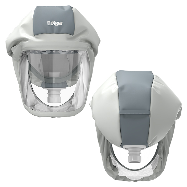 Dräger X-plore 8000 Premium Haube Zwei Ansichten einer hellgrauen Sicherheits-Haube mit Visier und Filteranschluss.