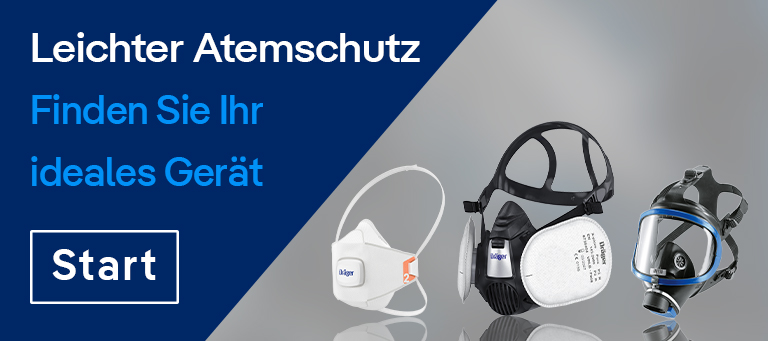 Leichter Atemschutz bei Dräger Drei Atemschutzmasken mit Text "Leichter Atemschutz" und "Finden Sie Ihr ideales Gerät".