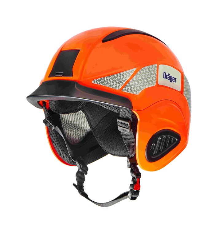Orangefarbener Feuerwehrhelm mit Visier und Kinnriemen von Dräger.