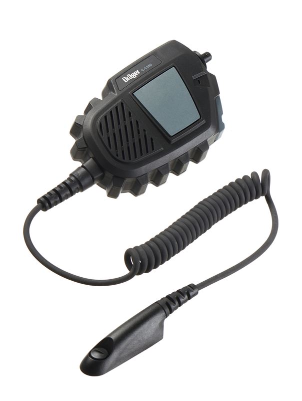 Dräger C-C550 Kommunikationsgerät Schwarzes Kommunikationsgerät mit Spiralkabel für Sicherheitsanwendungen.