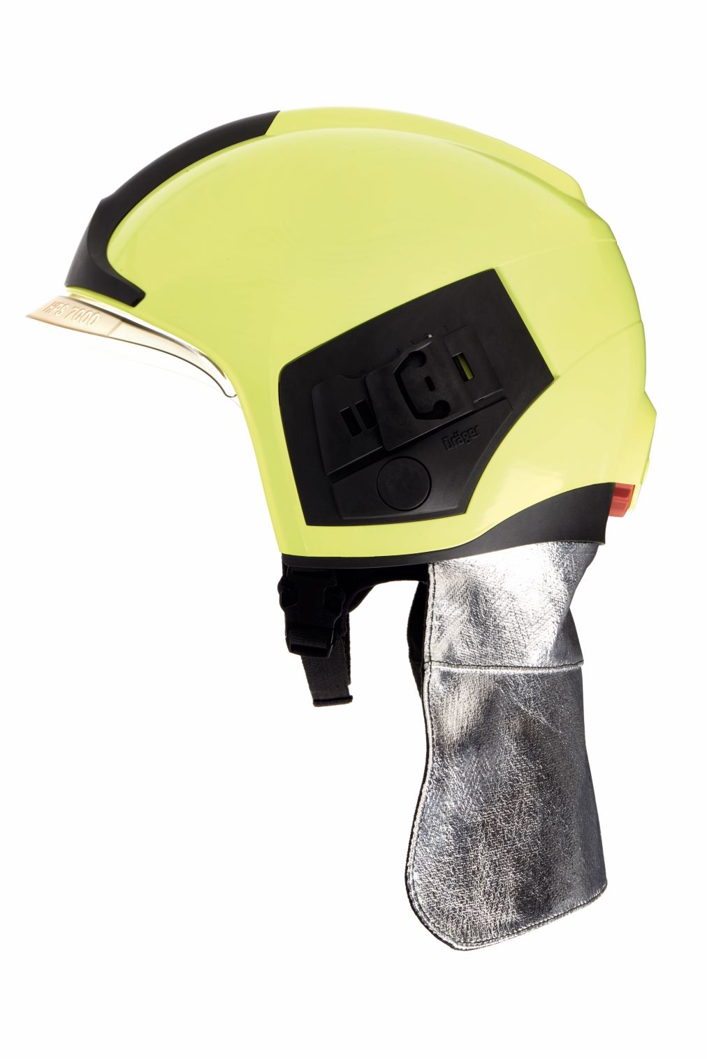 Dräger Nackenschutz Alu für Schutzhelm Silberner Nackenschutz aus Aluminium, angebracht an einem gelben Schutzhelm.
