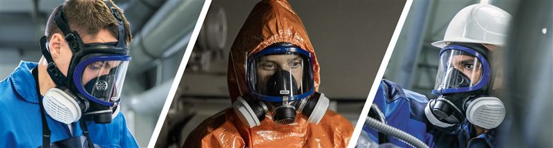 Atemschutzlösungen für den Lackierprozess Drei Personen in Schutzausrüstung mit Atemschutzmasken.
