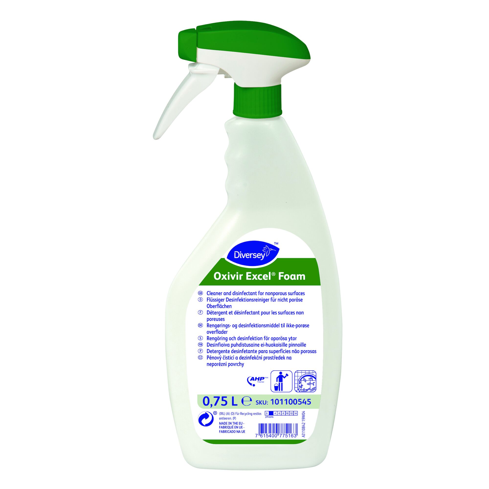 Oxivir Excel Foam Reiniger-Flasche Weiße Sprühflasche Oxivir Excel Foam mit grünem Kopf.