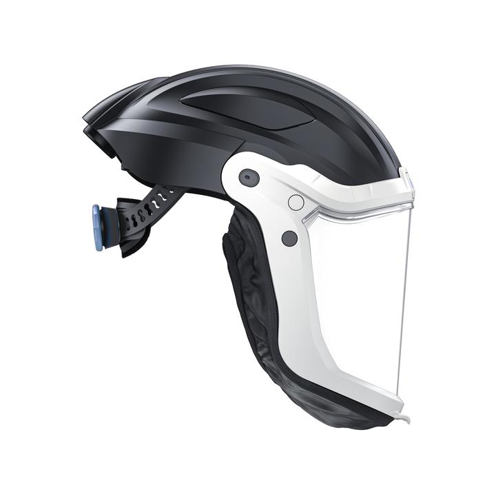 Schutzhelm mit Visier von Dräger Seitliche Ansicht eines schwarzen Schutzhelms mit klarem Visier.