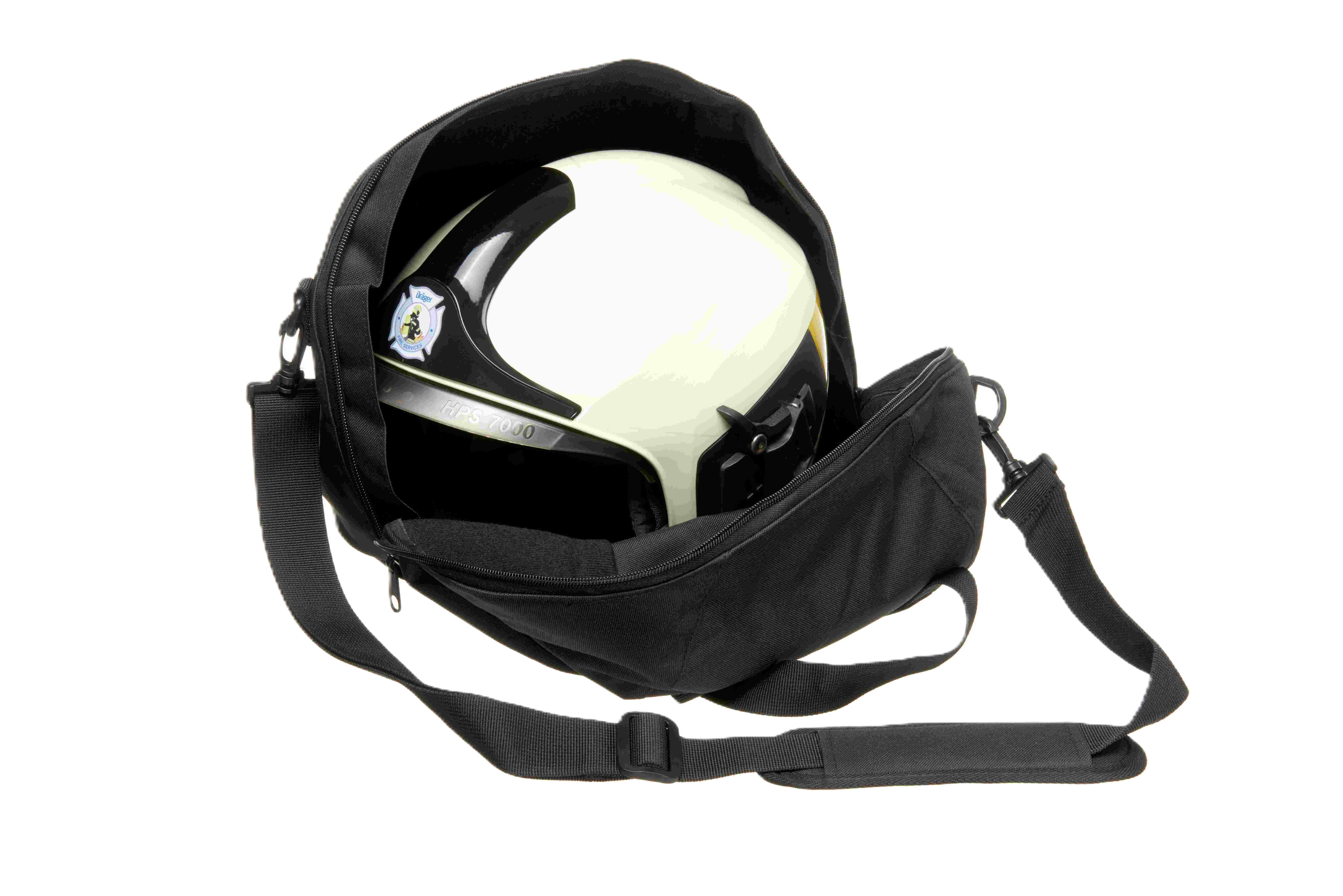 Schwarze Tasche mit einem weißen Feuerwehrhelm darin.