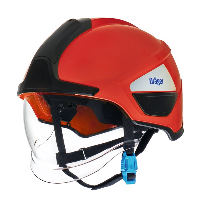 Dräger Schutzhelm mit Visier Roter Dräger Schutzhelm mit integriertem Visier, seitlicher Schutz und Kinnriemen.