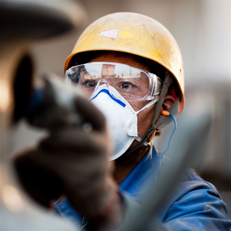 Dräger X-pect 8110 Schutzbrille Arbeiter trägt Helm und Schutzkleidung mit Schutzbrille.