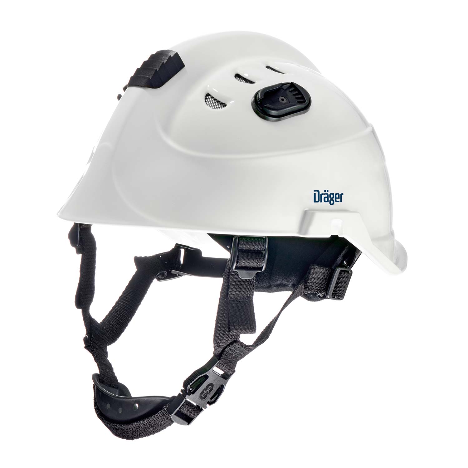 Dräger HPS 3500 Helm in Weiß Weißer Schutzhelm Dräger HPS 3500 mit Gurtsystem und seitlichen Luftöffnungen.