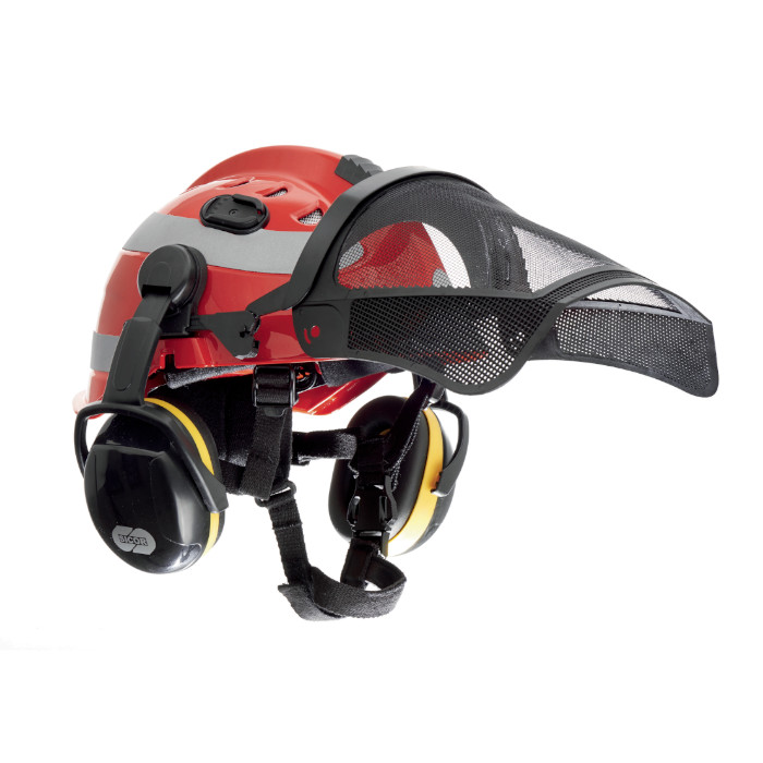 Schutzhelm mit Visier und Gehörschutz Roter Helm mit Visier, Ohrenschützer und Kopfband.