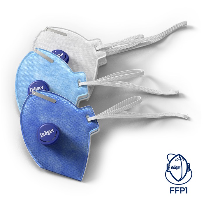 Schutzmaske X-plore 1710V von Dräger Drei FFP1 Atemschutzmasken mit Ventil in Blau und Weiß.