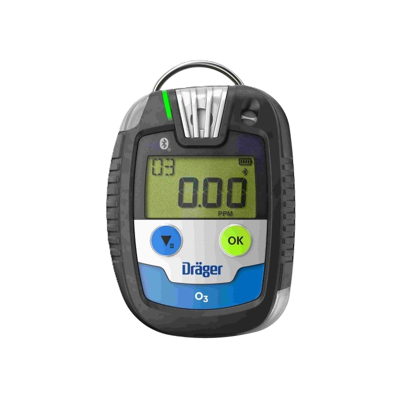 Dräger Ozondetektor für Sicherheitsmessungen Tragbarer Ozonsensor mit Display, zeigt Ozonkonzentration in PPM an. Markenname Dräger mit zwei Bedienknöpfen.