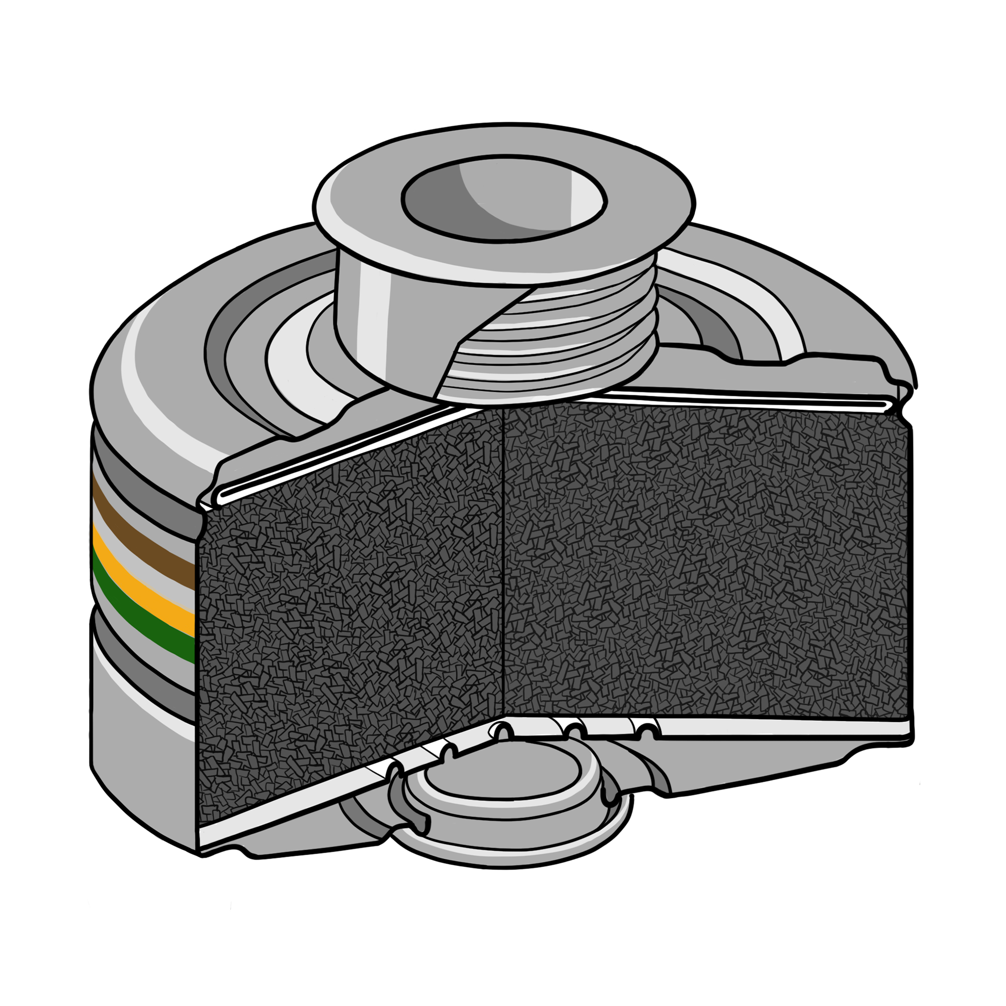 Querschnitt eines Rd40 Filters mit farbigen Streifen für verschiedene Gasarten.