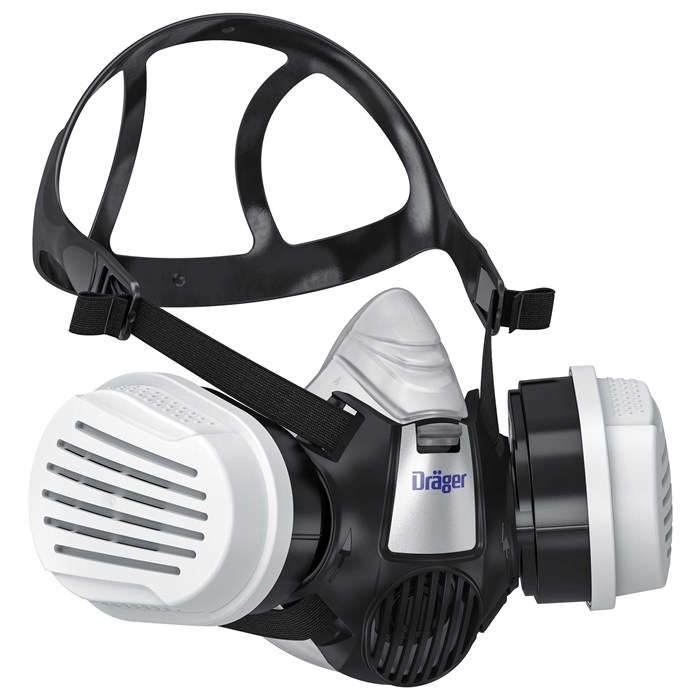 Dräger X-plore 3300 Halbmaske A2P3 Schwarze Halbmaske mit zwei weißen Filtern und Kopfband.