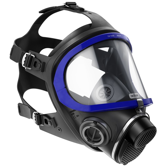 Dräger X-plore 5500 Vollmaske Produktabbildung Schwarze Vollmaske mit blauem Rahmen und klarer Sichtscheibe.
