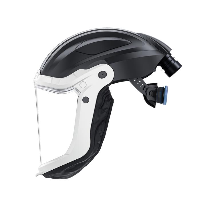 Sicherheitsschutzhelm Dräger D-3435-2023 Seitliche Ansicht eines schwarzen Dräger-Schutzhelms mit Visier.