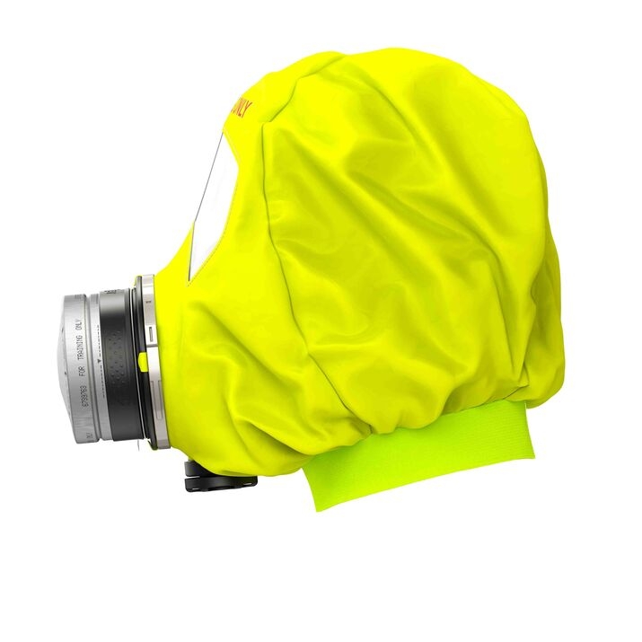 Eine gelbe Rettungshaube mit Atemfilter von Dräger.