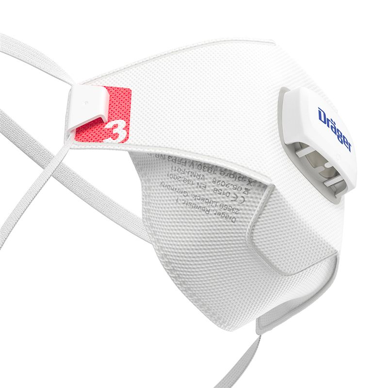Dräger X-plore 1930V Filtermaske Weiße Atemschutzmaske mit Ventil und elastischen Bändern.